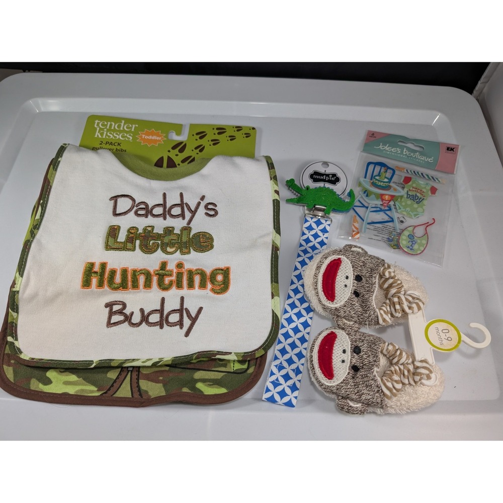 Baby Boy Gift Set Tender Kisses Bibs Mud Pie Pacifier Clip Sock Monkey Booties